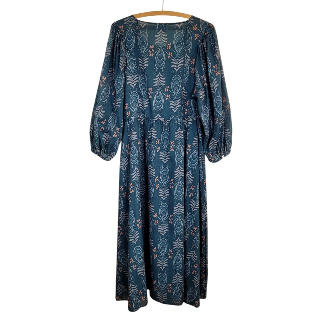WRAP LONDON Puff Sleeve Feathers & Floral Printed Cotton Midi Dress Sz 14 - Picture 6 of 12